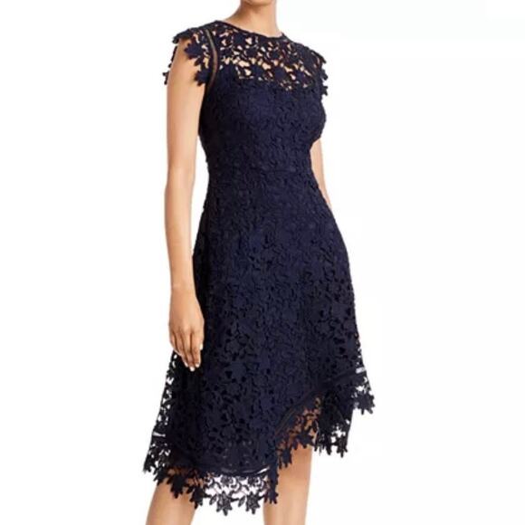 NWT Eliza J Asymmetric Lace Overlay Midi Dress Size 12 Navy Blue Lined Fit Flare - Picture 1 of 9